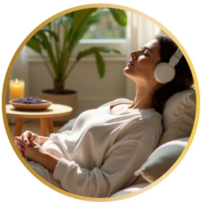 Mujer escuchando música relajante con auriculares
