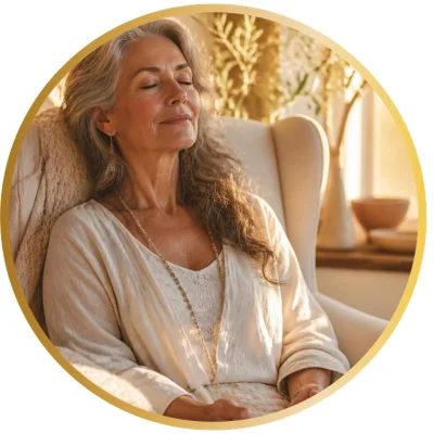 Mujer serena meditando en un sillón