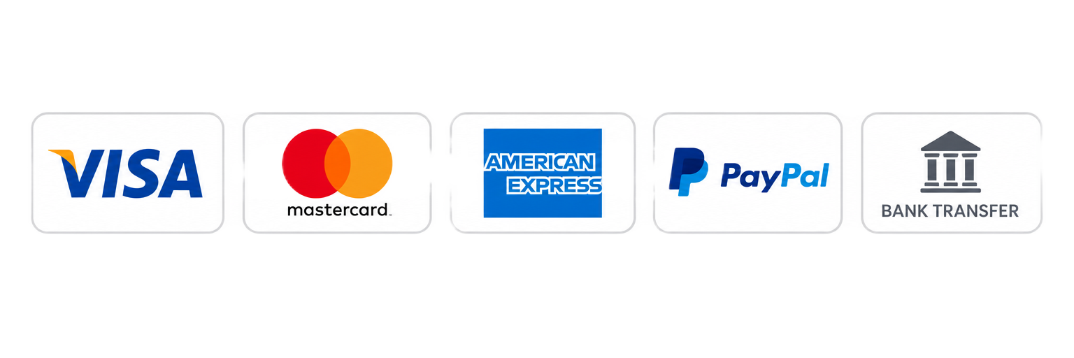 Métodos de pago aceptados: Visa, Mastercard, American Express, PayPal y transferencia bancaria
