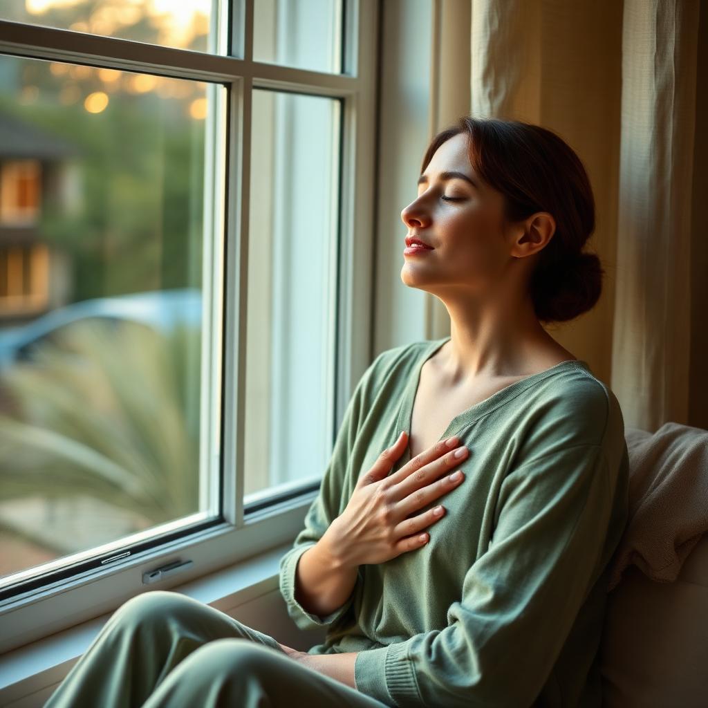 Mujer respirando con calma junto a la ventana al final del día